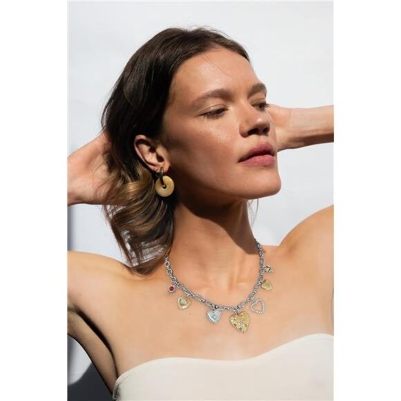 💖 Gold & Silver Puffy Heart Necklace | Crystal Charm Pendant - Picture 4 of 5